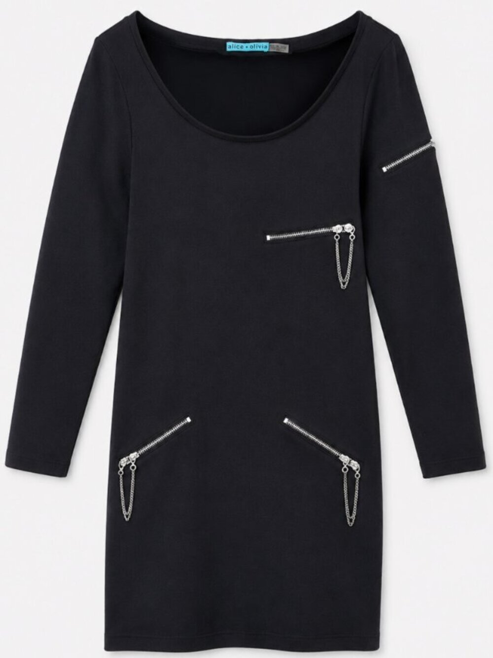 Alice + Olivia Boat Neck Solid Black Zipper Detail Mini Dress